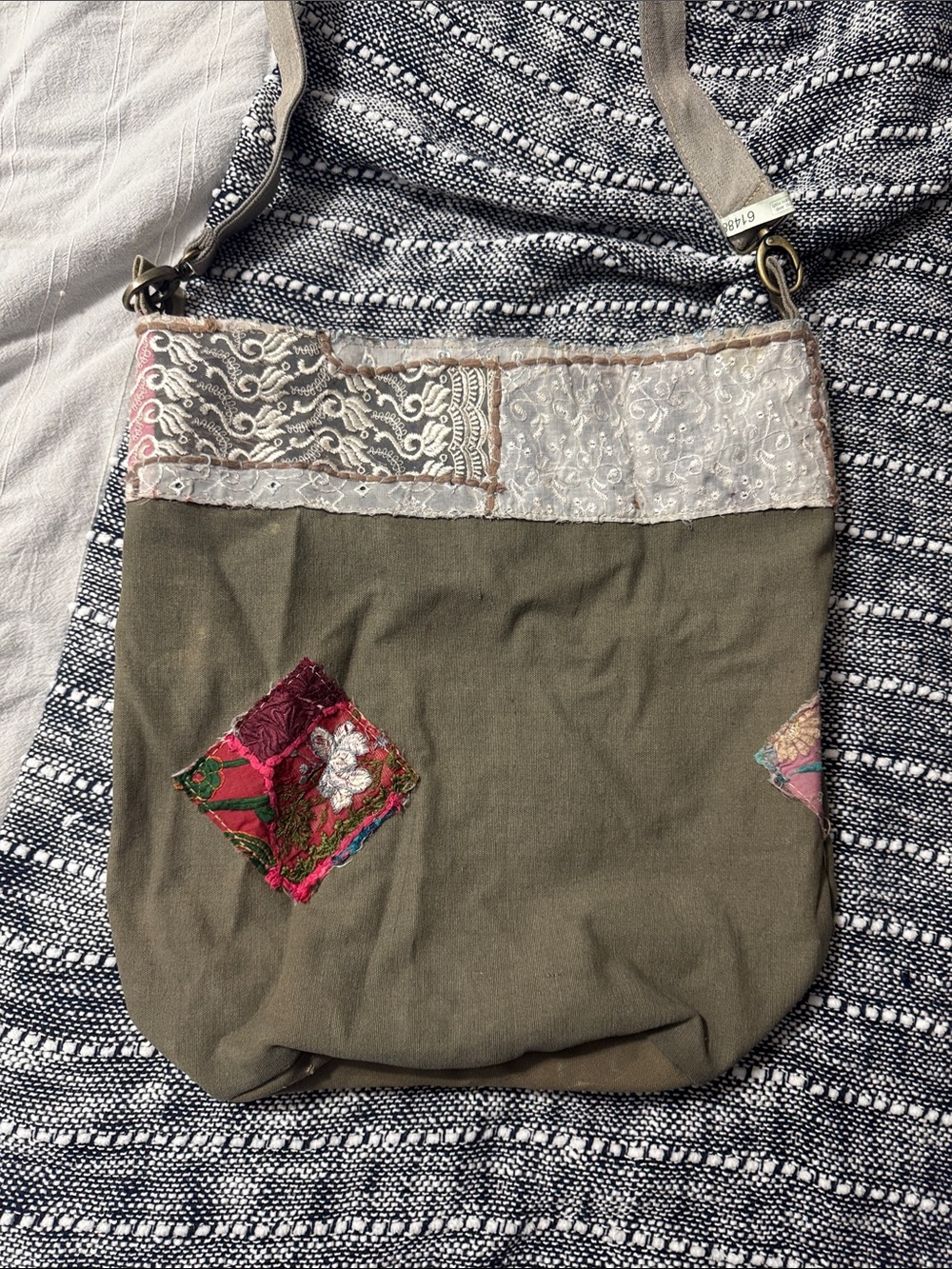 Vintage Addiction Boho Olive Canvas Crossbody Bag with Pink Embroidered Accents